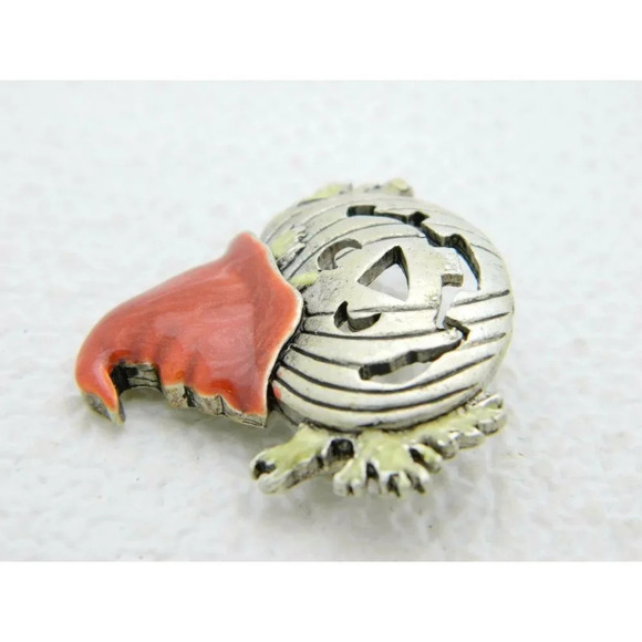 Vintage Halloween Pumpkin Hat Enamel Silver Tone D - Picture 2 of 4
